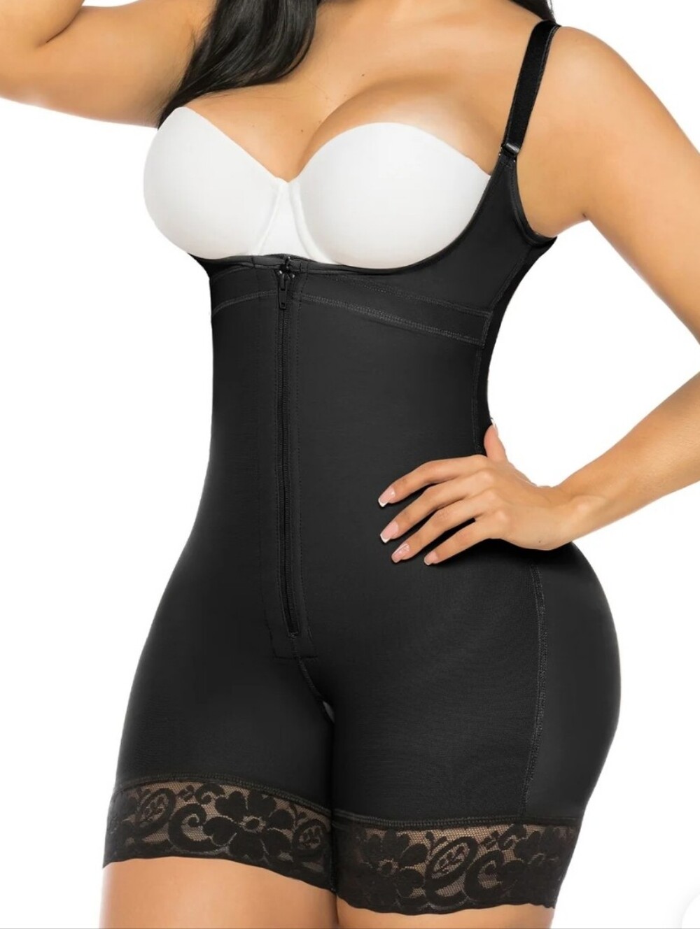 Yianna Open Bust Front Zip Mid-Thigh Faja Bodysuit